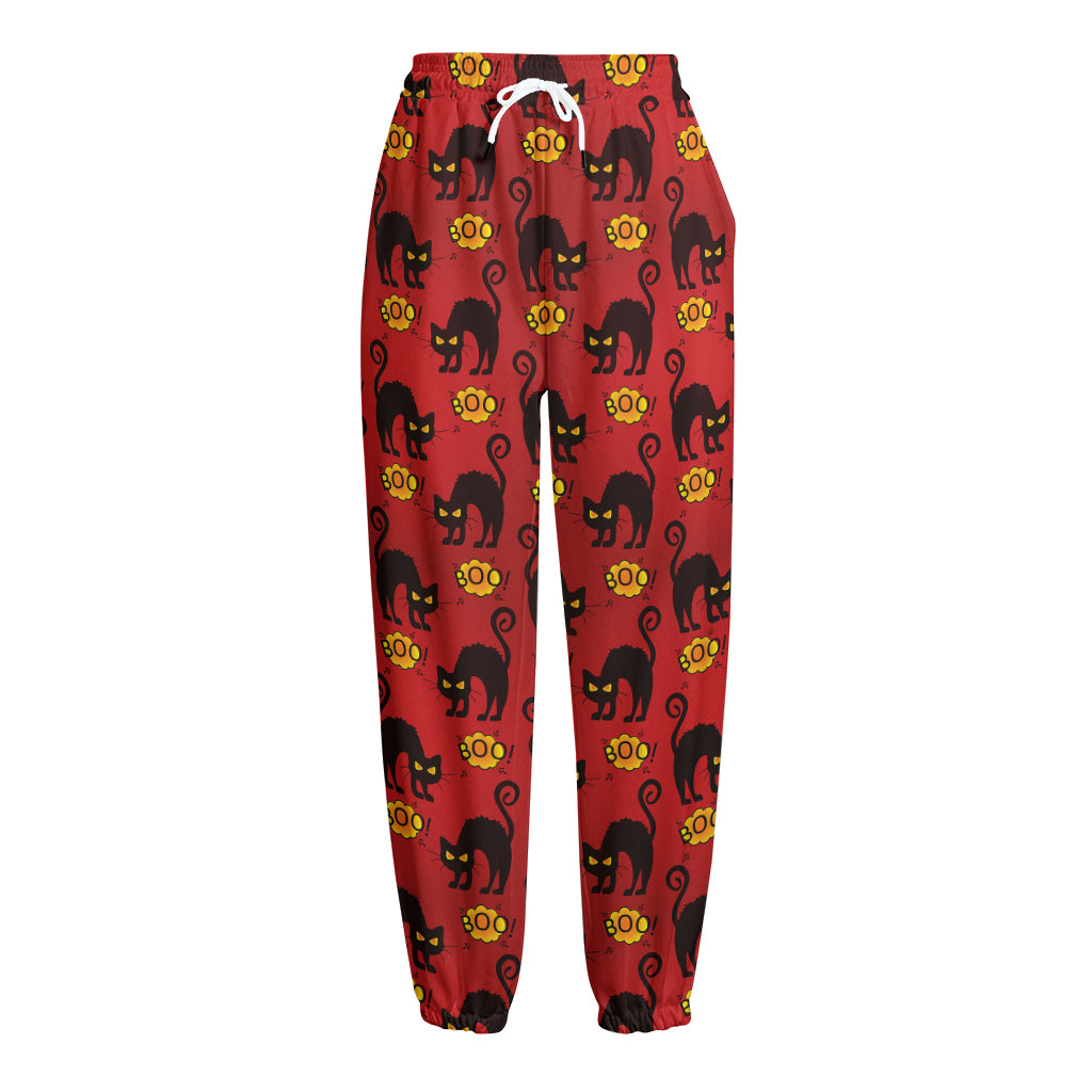 Halloween Black Cat Pattern Print Fleece Lined Knit Pants