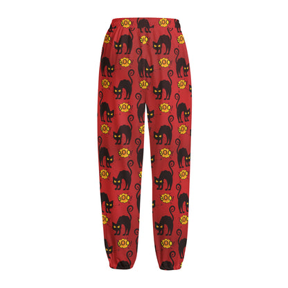 Halloween Black Cat Pattern Print Fleece Lined Knit Pants