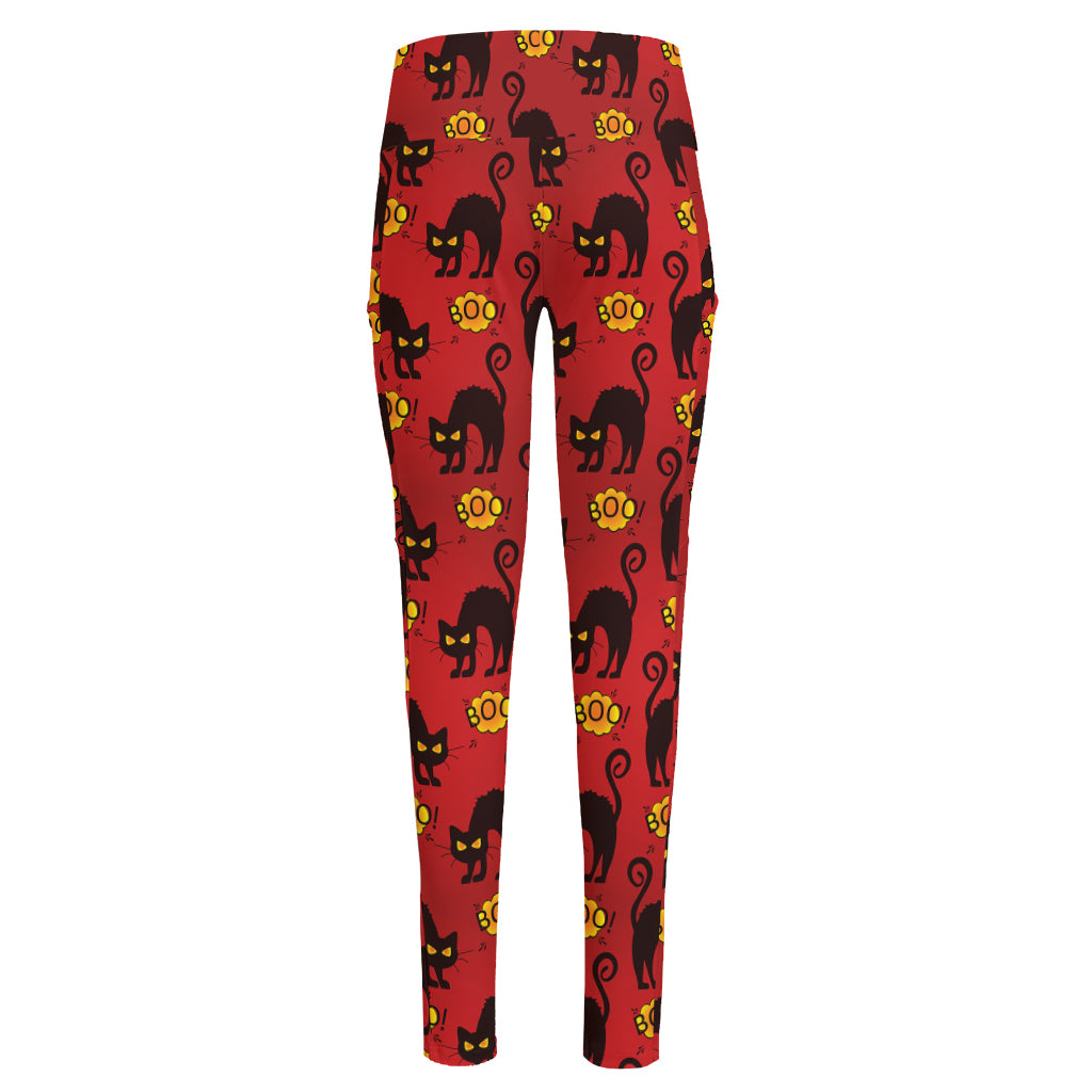 Halloween Black Cat Pattern Print High-Waisted Pocket Leggings