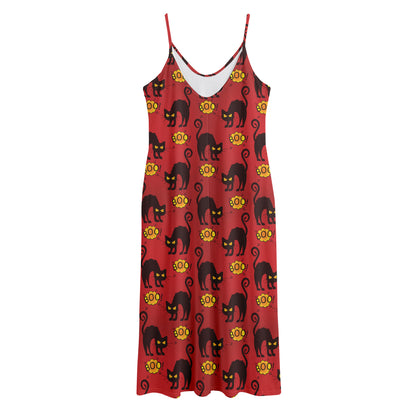 Halloween Black Cat Pattern Print Jersey Midi Cami Dress