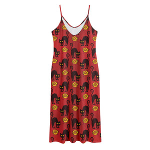 Halloween Black Cat Pattern Print Jersey Midi Cami Dress