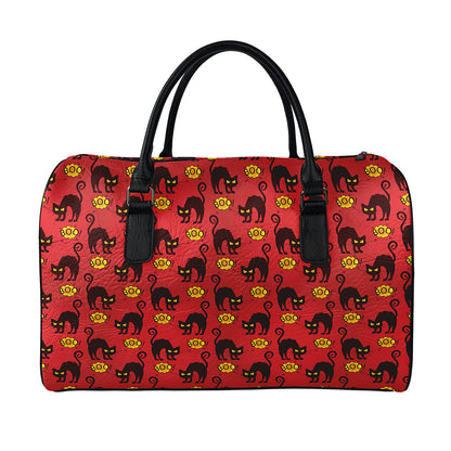Halloween Black Cat Pattern Print Leather Duffle Bag