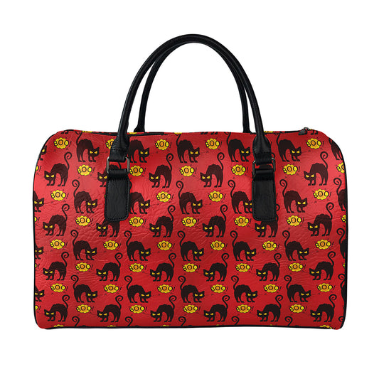 Halloween Black Cat Pattern Print Leather Duffle Bag