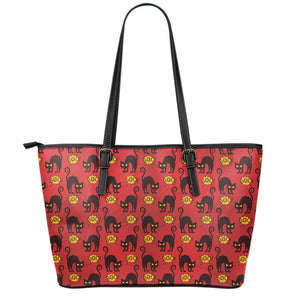 Halloween Black Cat Pattern Print Leather Tote Bag