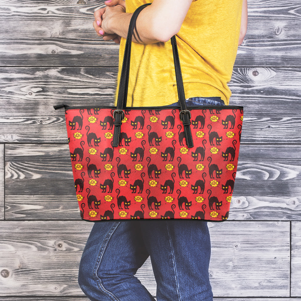 Halloween Black Cat Pattern Print Leather Tote Bag