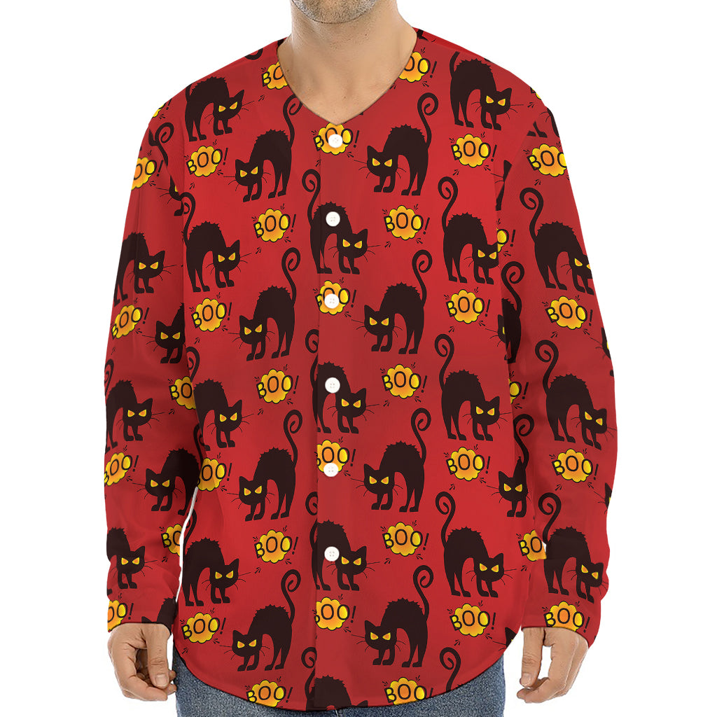 Halloween Black Cat Pattern Print Long Sleeve Baseball Jersey