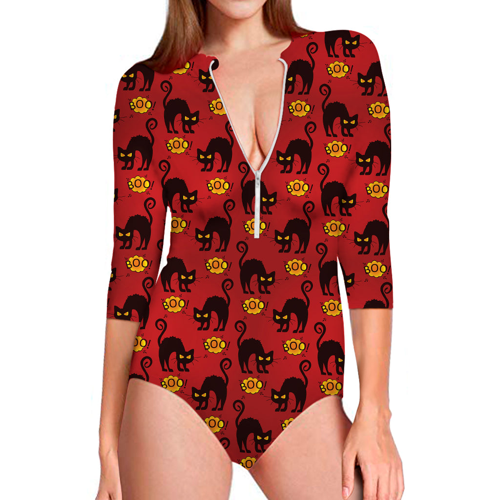 Halloween Black Cat Pattern Print Long Sleeve Swimsuit