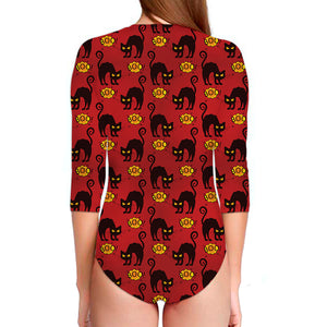 Halloween Black Cat Pattern Print Long Sleeve Swimsuit