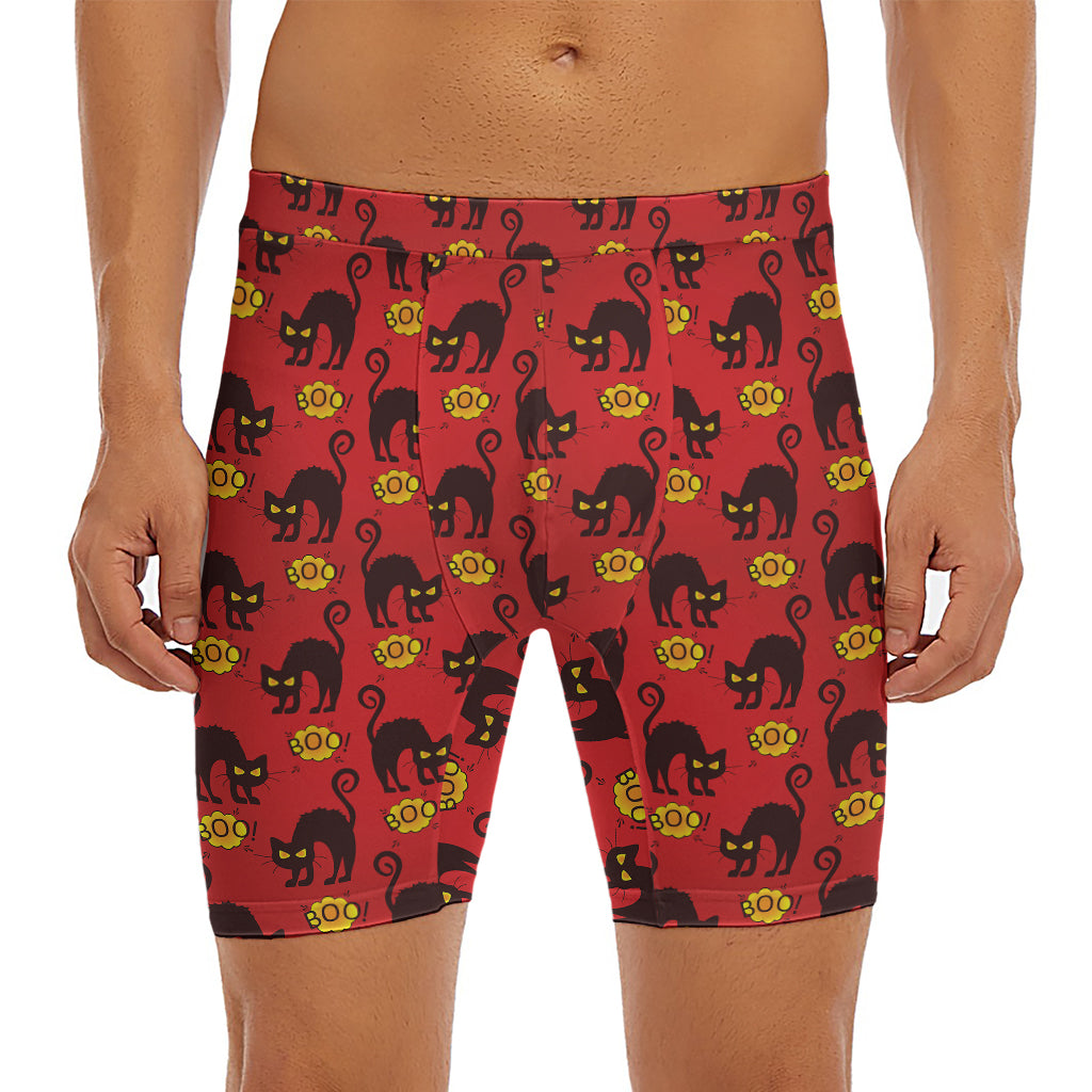 Halloween Black Cat Pattern Print Men's Long Boxer Briefs