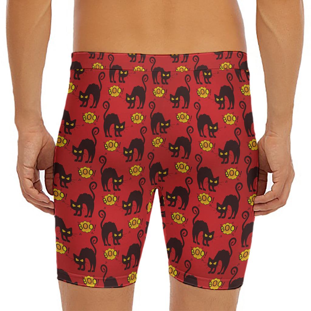 Halloween Black Cat Pattern Print Men's Long Boxer Briefs