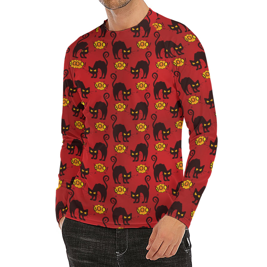 Halloween Black Cat Pattern Print Men's Long Sleeve Rash Guard