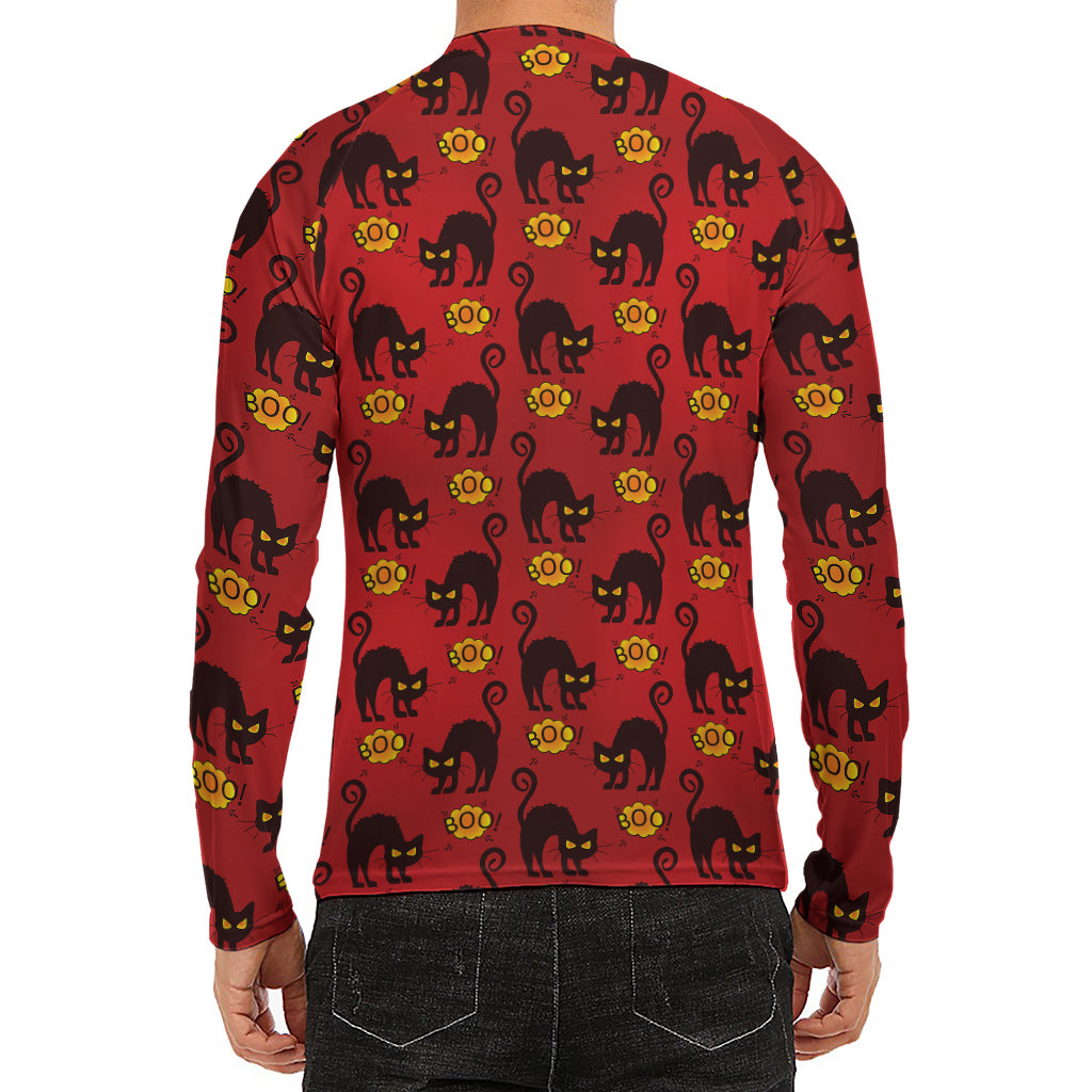 Halloween Black Cat Pattern Print Men's Long Sleeve Rash Guard