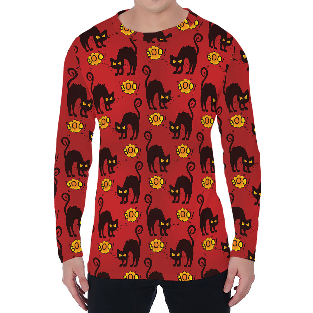 Halloween Black Cat Pattern Print Men's Long Sleeve T-Shirt