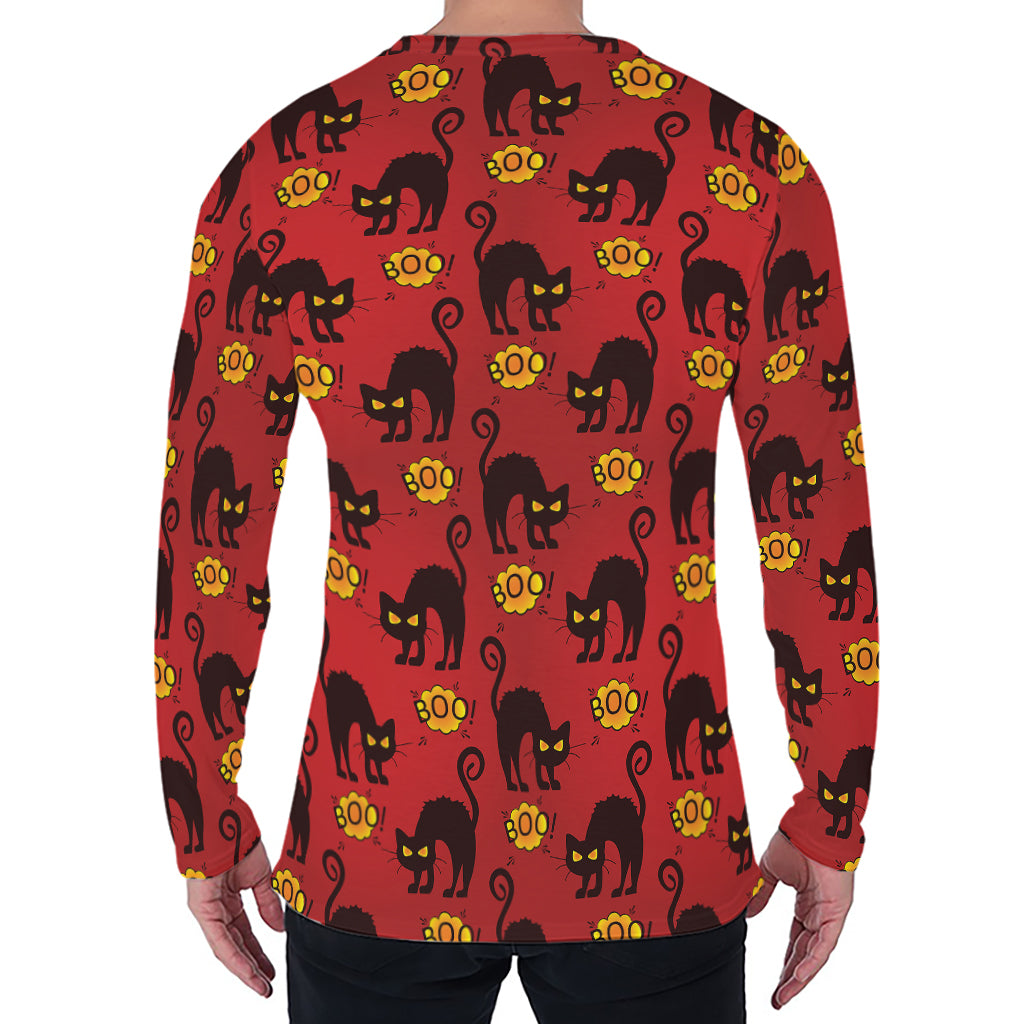 Halloween Black Cat Pattern Print Men's Long Sleeve T-Shirt