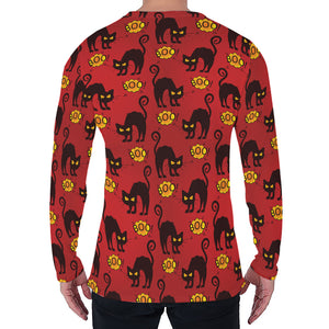 Halloween Black Cat Pattern Print Men's Long Sleeve T-Shirt