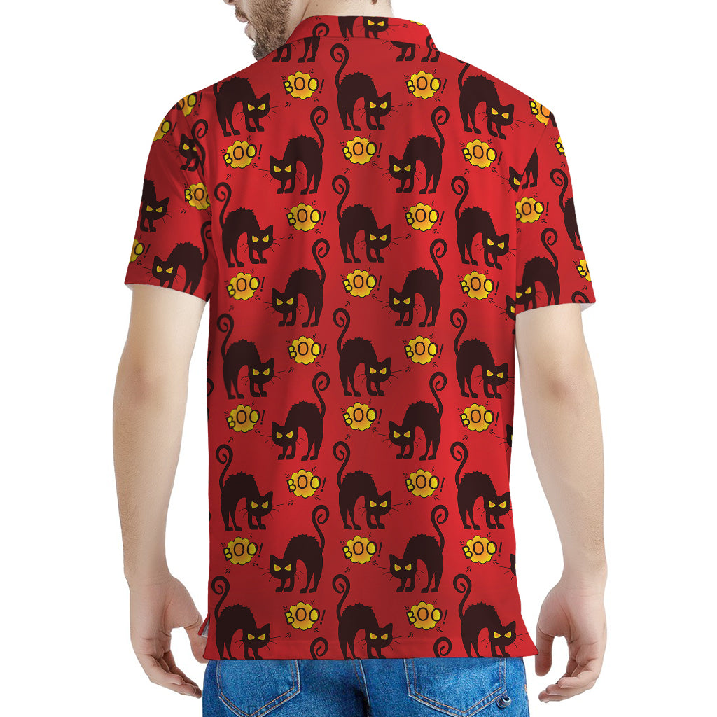 Halloween Black Cat Pattern Print Men's Polo Shirt