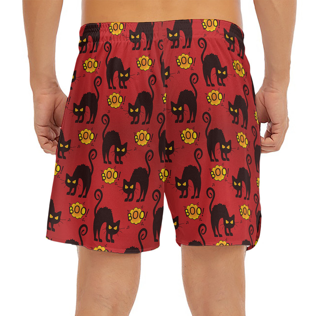 Halloween Black Cat Pattern Print Men's Split Running Shorts