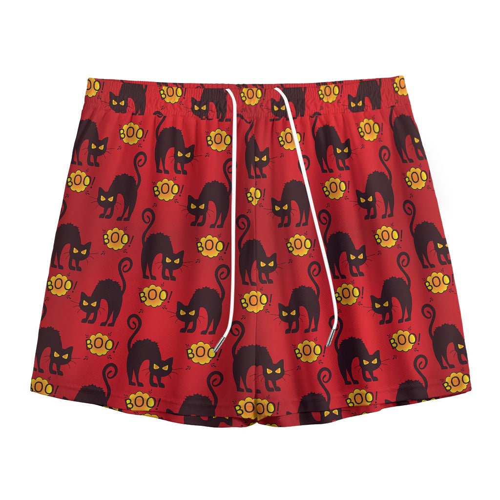 Halloween Black Cat Pattern Print Mesh Shorts