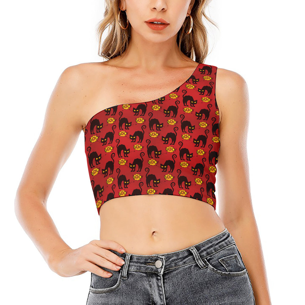 Halloween Black Cat Pattern Print One Shoulder Crop Top