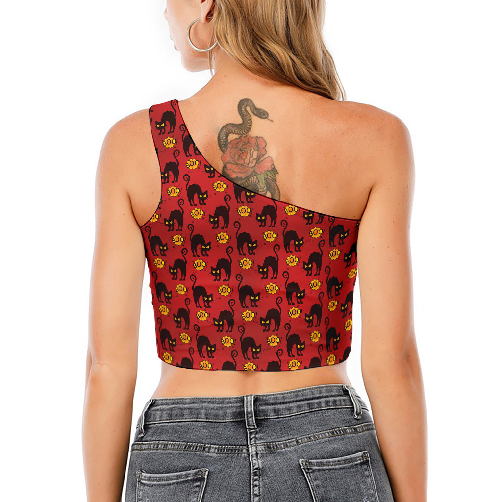 Halloween Black Cat Pattern Print One Shoulder Crop Top