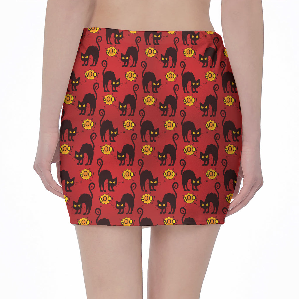 Halloween Black Cat Pattern Print Pencil Mini Skirt