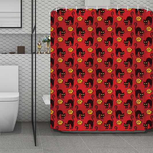 Halloween Black Cat Pattern Print Polyester Shower Curtain
