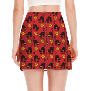 Halloween Black Cat Pattern Print Side Slit Mini Skirt