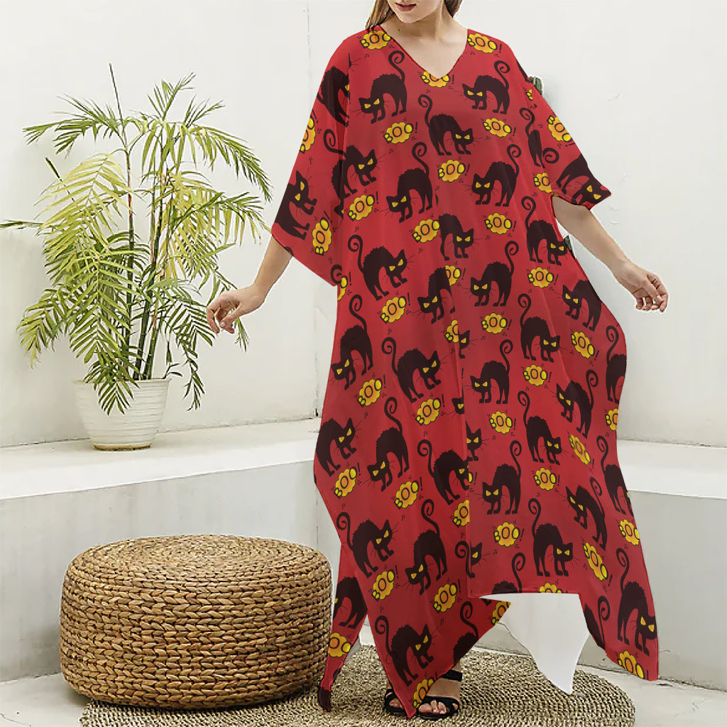 Halloween Black Cat Pattern Print Silk V-Neck Kaftan Dress