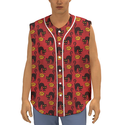 Halloween Black Cat Pattern Print Sleeveless Baseball Jersey