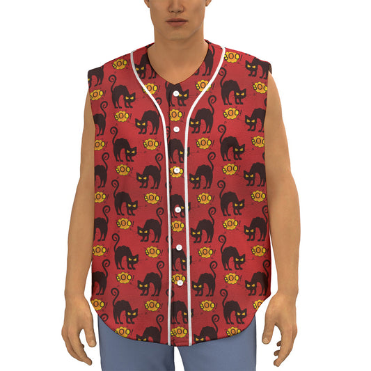 Halloween Black Cat Pattern Print Sleeveless Baseball Jersey