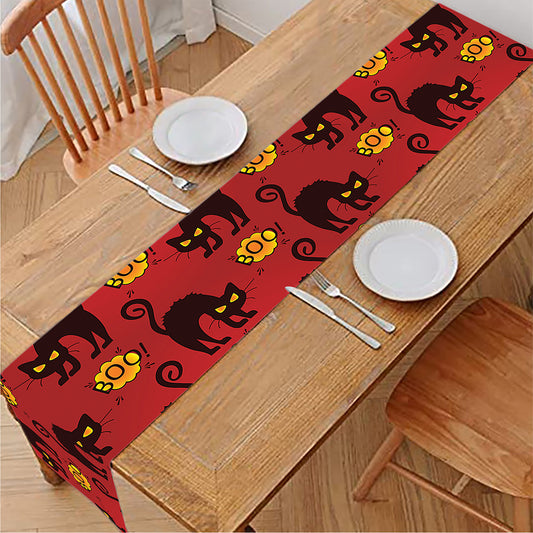 Halloween Black Cat Pattern Print Table Runner