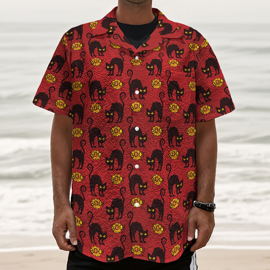 Halloween Black Cat Pattern Print Textured Short Sleeve Shirt