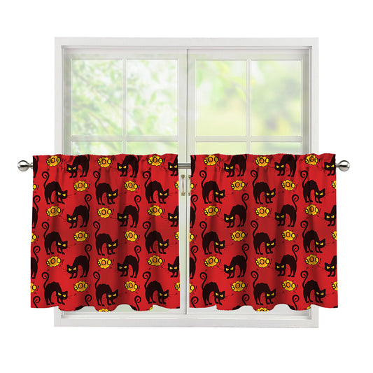 Halloween Black Cat Pattern Print Tier Curtains