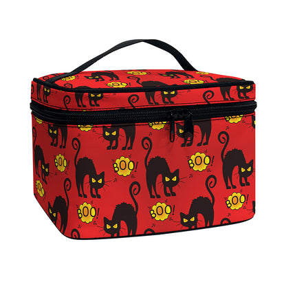 Halloween Black Cat Pattern Print Travel Makeup Bag