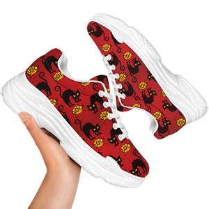 Halloween Black Cat Pattern Print White Chunky Shoes