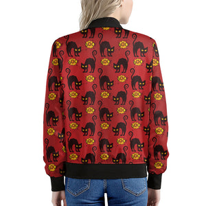 Halloween Black Cat Pattern Print Women's Bomber Jacket