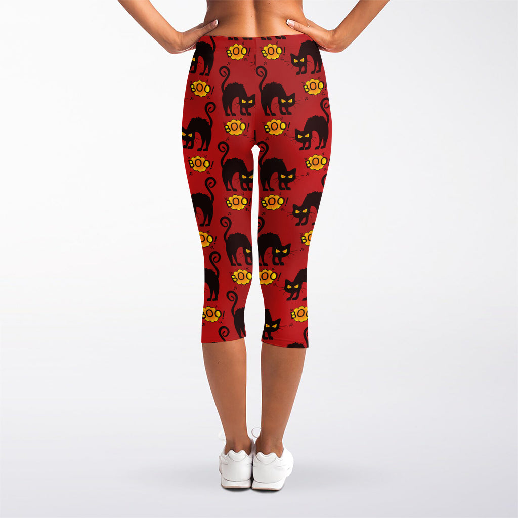 Halloween Black Cat Pattern Print Women's Capri Leggings