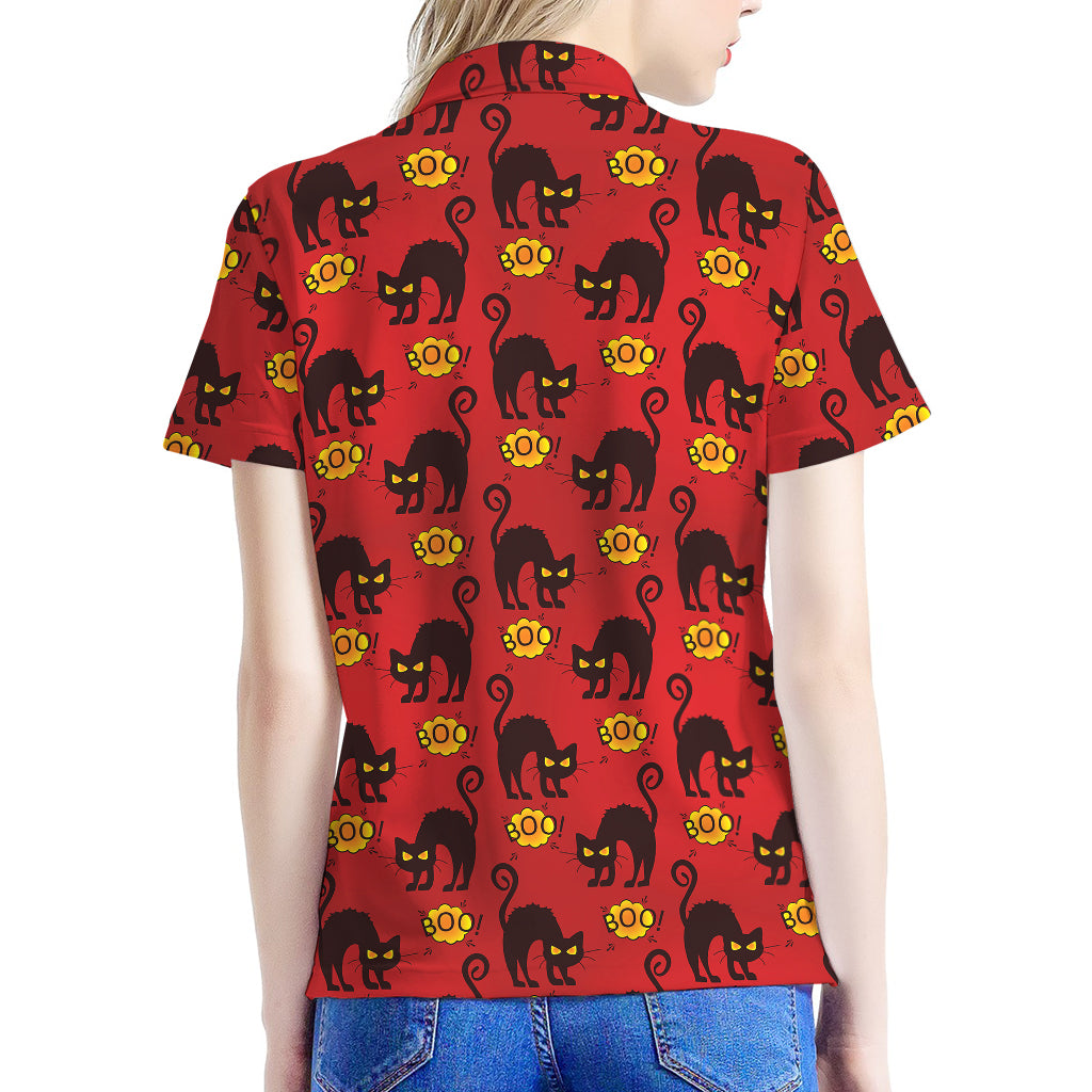 Halloween Black Cat Pattern Print Women's Polo Shirt