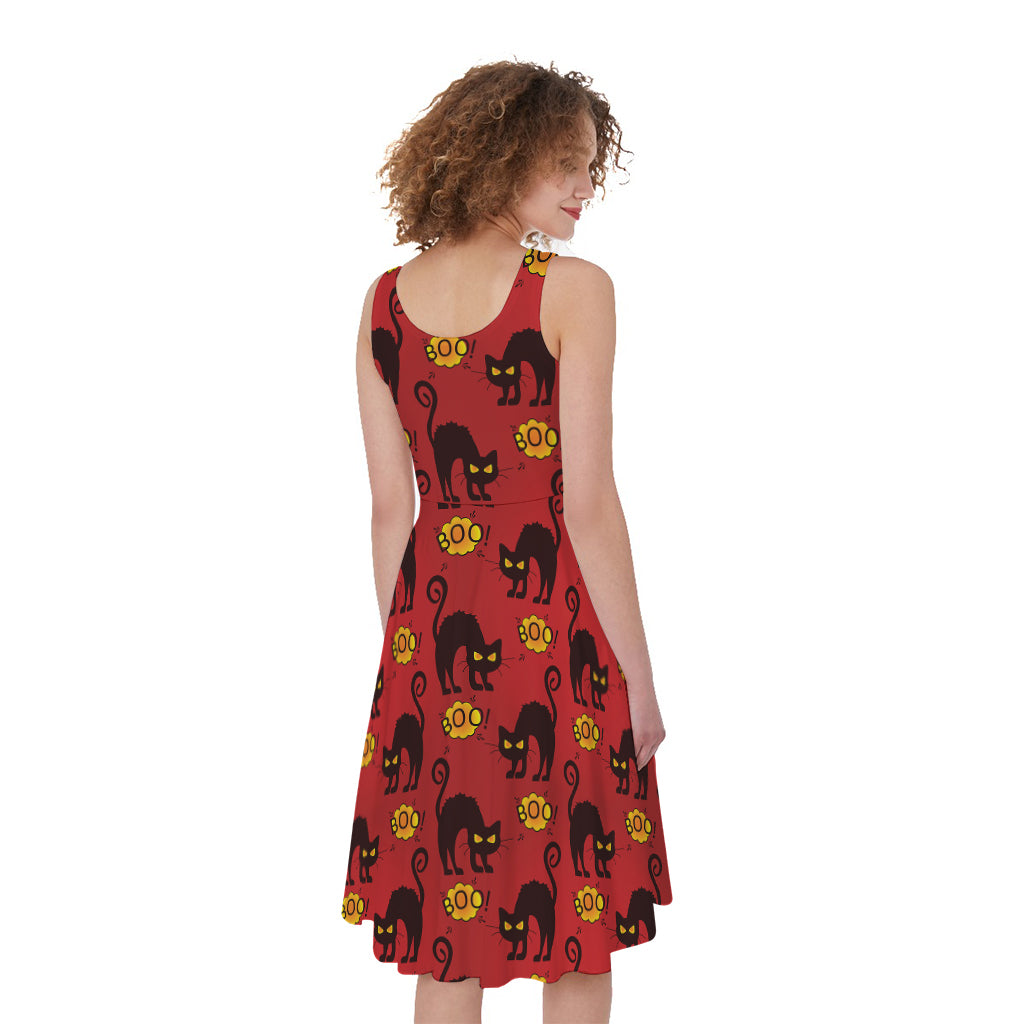 Halloween Black Cat Pattern Print Women's Sleeveless Dress