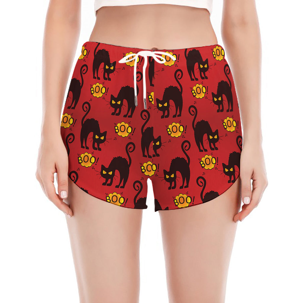 Halloween Black Cat Pattern Print Women's Split Running Shorts