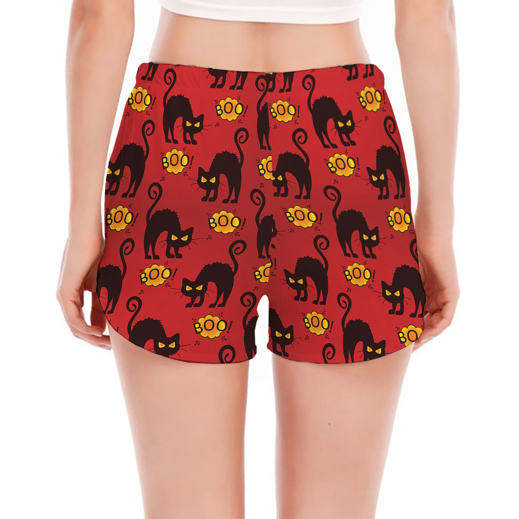 Halloween Black Cat Pattern Print Women's Split Running Shorts