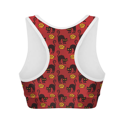 Halloween Black Cat Pattern Print Women's Sports Bra