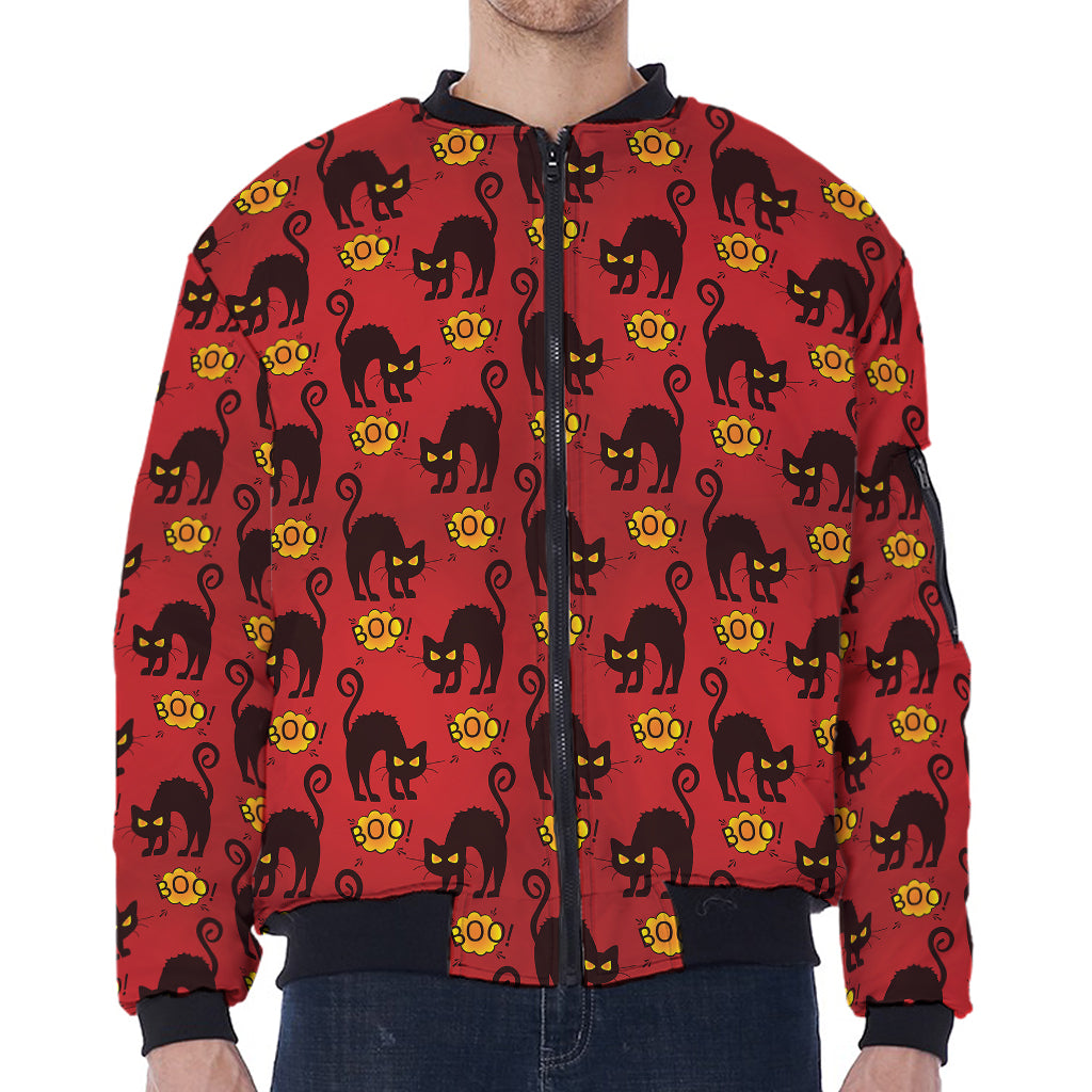 Halloween Black Cat Pattern Print Zip Sleeve Bomber Jacket