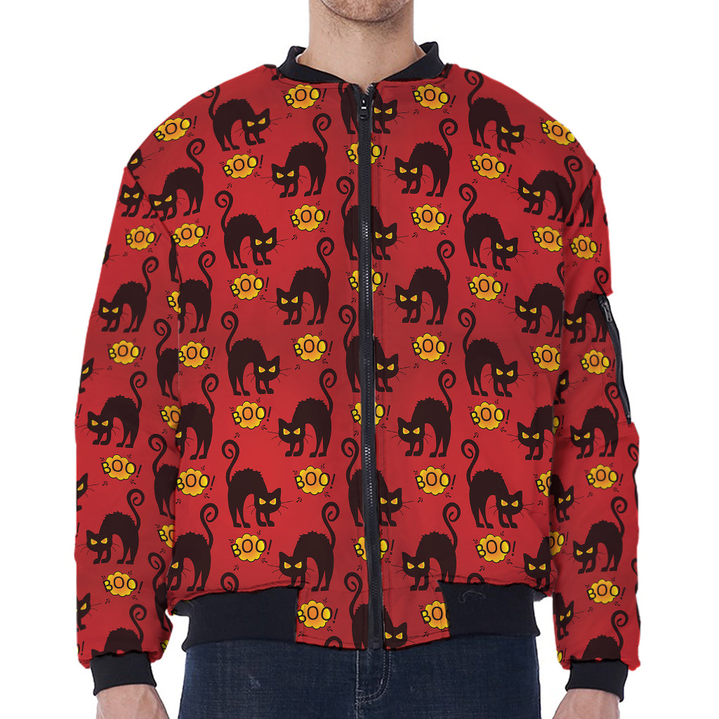 Halloween Black Cat Pattern Print Zip Sleeve Bomber Jacket