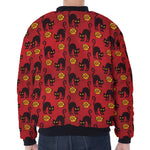 Halloween Black Cat Pattern Print Zip Sleeve Bomber Jacket