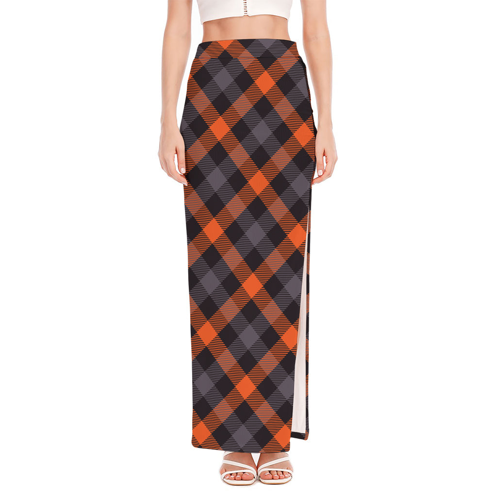 Halloween Buffalo Check Pattern Print High Slit Maxi Skirt