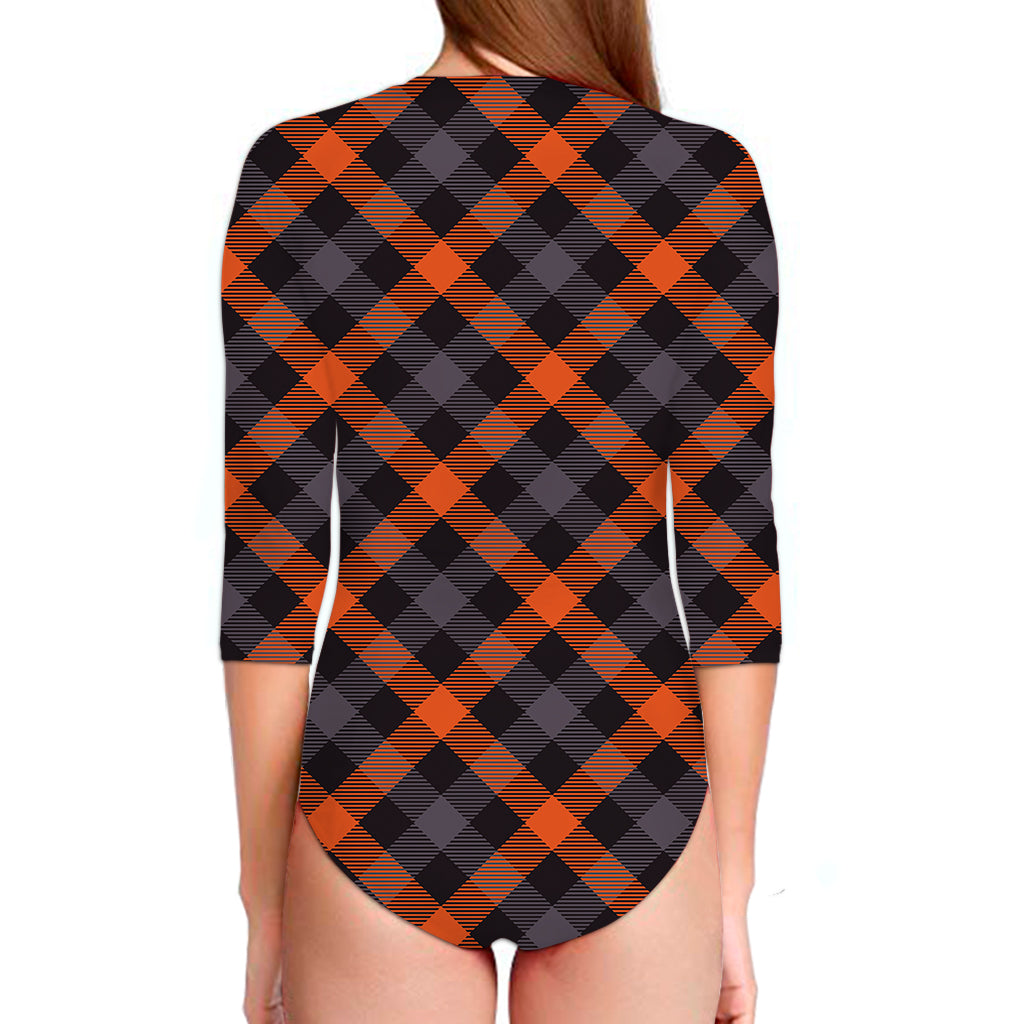 Halloween Buffalo Check Pattern Print Long Sleeve Swimsuit