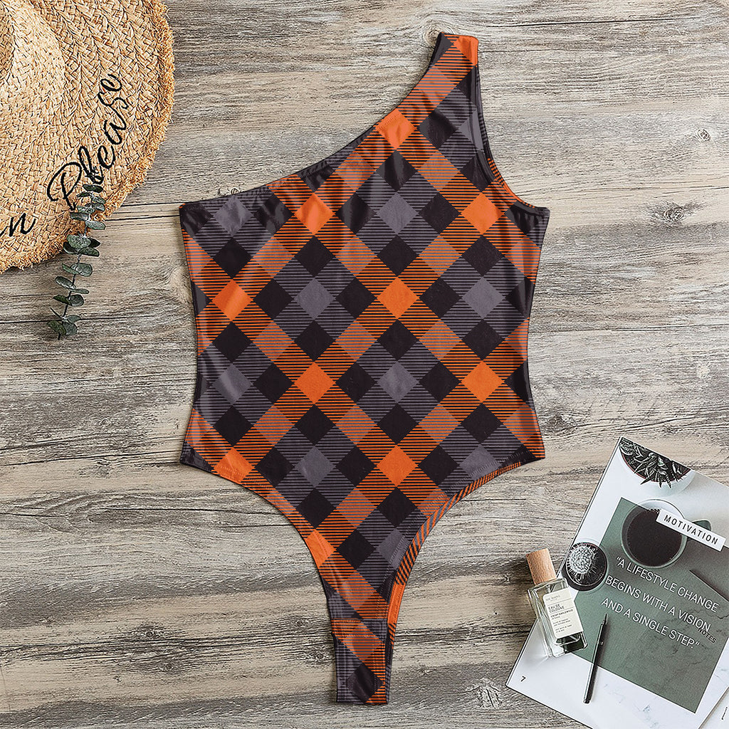 Halloween Buffalo Check Pattern Print One Shoulder Bodysuit