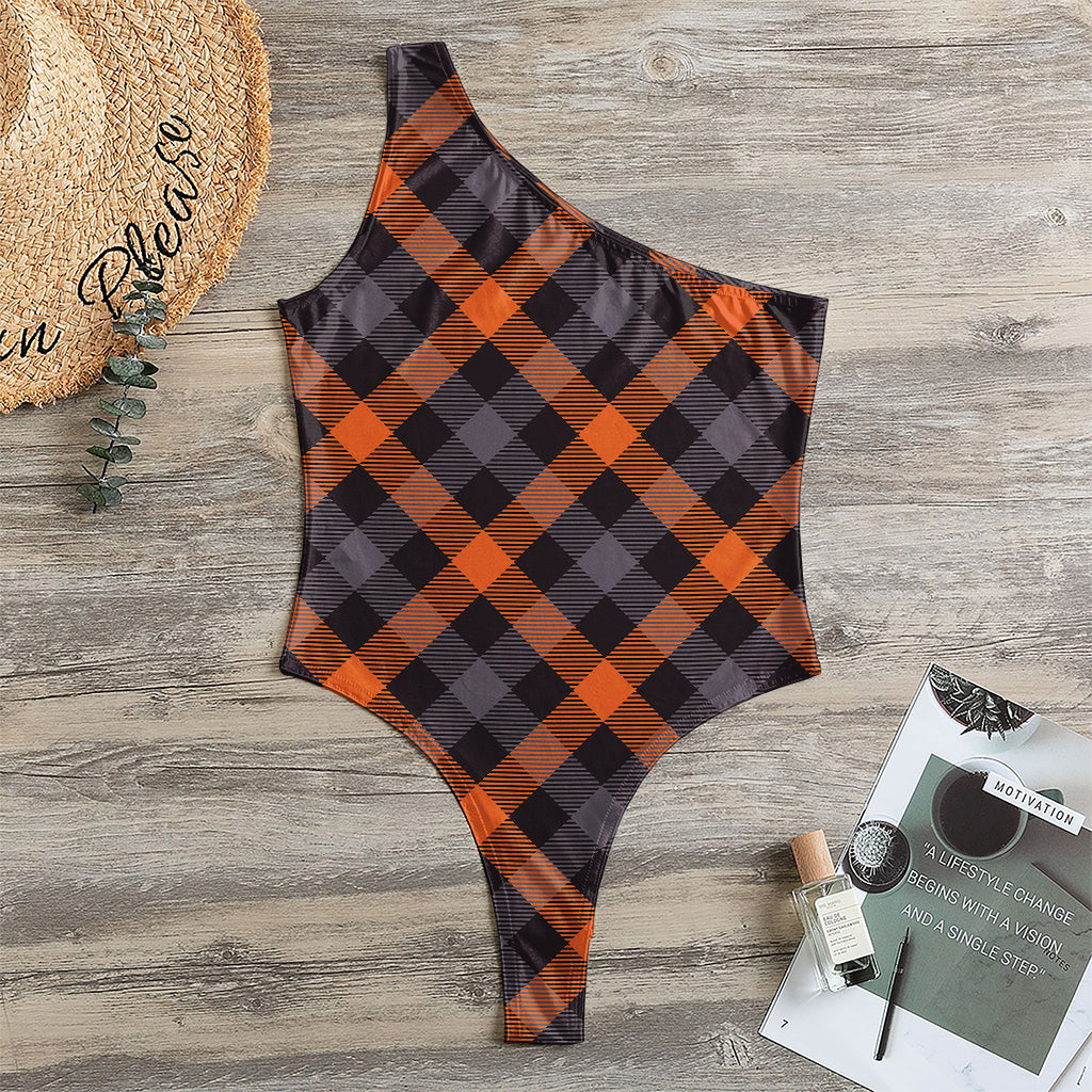 Halloween Buffalo Check Pattern Print One Shoulder Bodysuit