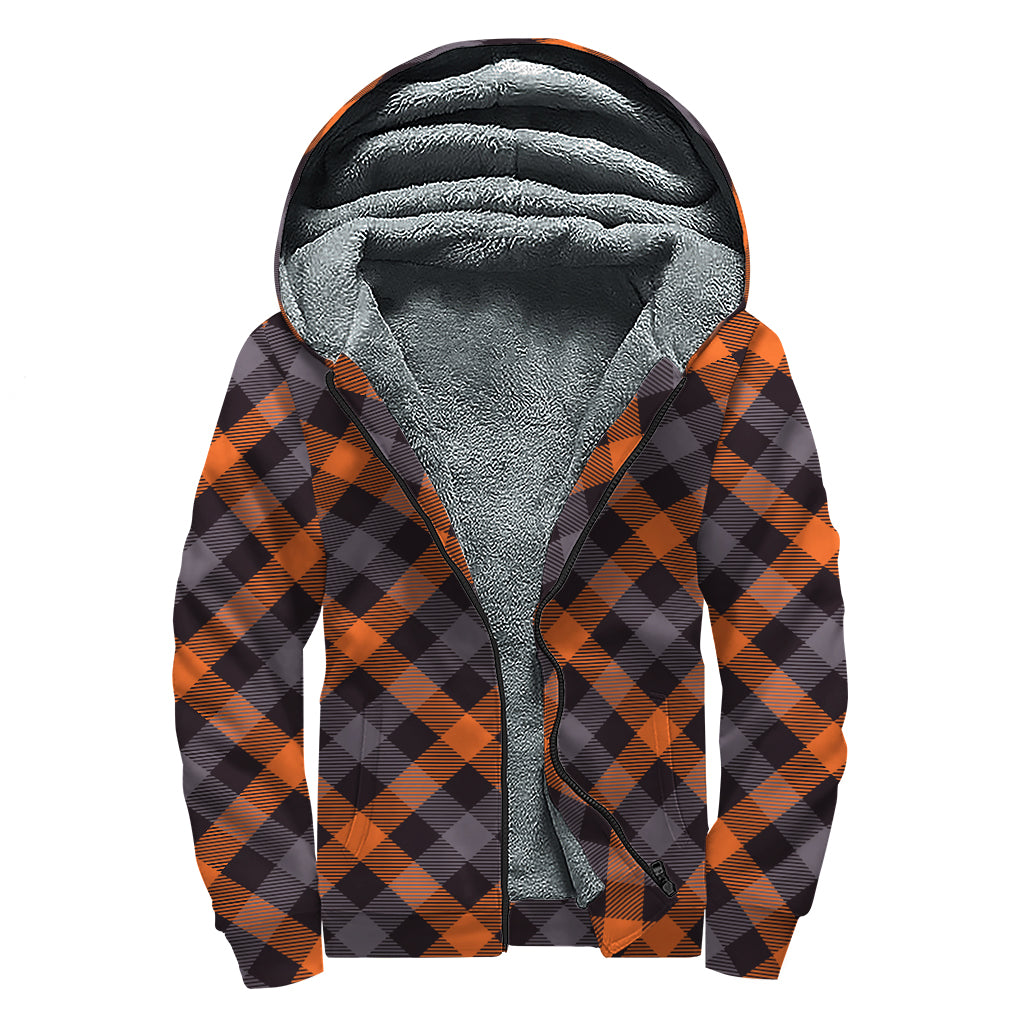 Halloween Buffalo Check Pattern Print Sherpa Lined Zip Up Hoodie